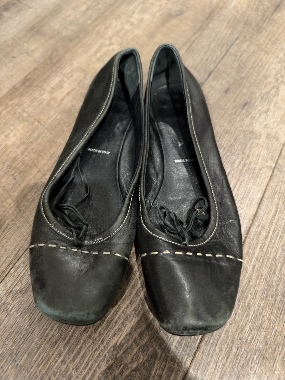 Prada Black Leather Ballet Flats with Cream Contrast Stitching